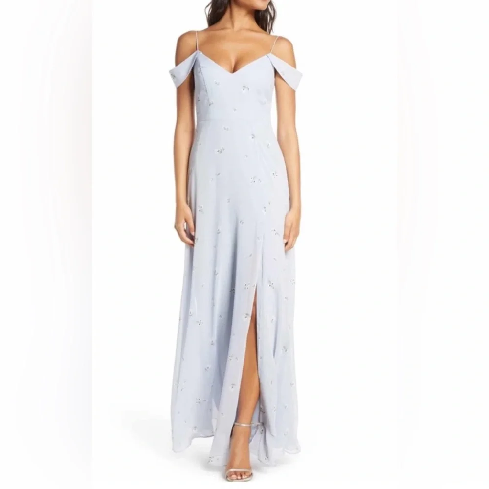Jenny Yoo Bridesmaid Priya Dress size 0 Baby Blue Periwinkle Color White flower - Picture 3 of 12